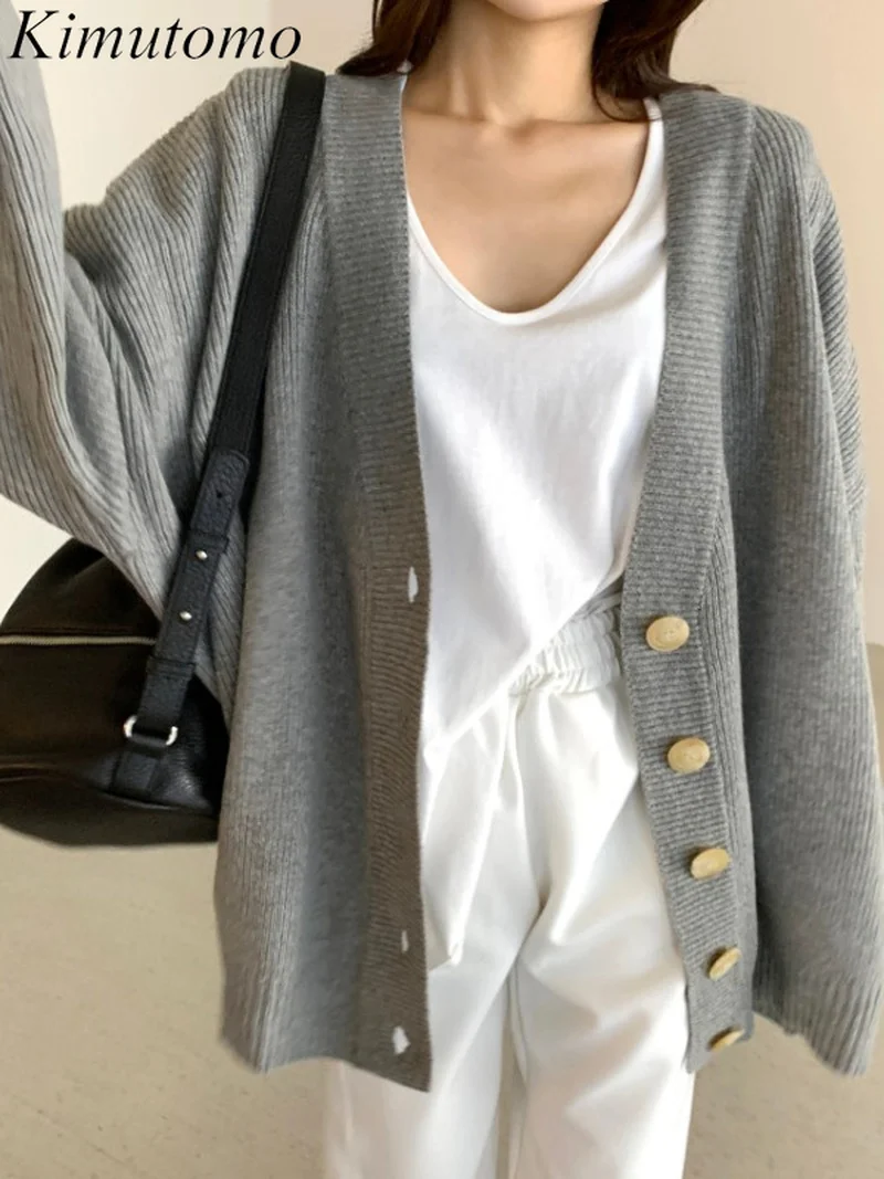 

Kimutomo Elegant Loose Solid Simple Knitting Cardigan Woman Gentle V-neck Single Breast Long Sleeves Versatile Sweater Ins Tide
