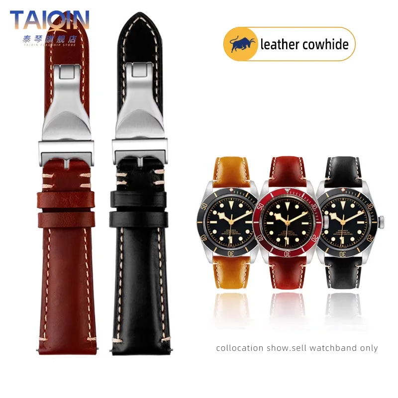 

Quick release For Tudor Black Bay men's watch strap 1958 Soft cowhide leather watchband 20mm 22mm Fold clasp Yellow red blue