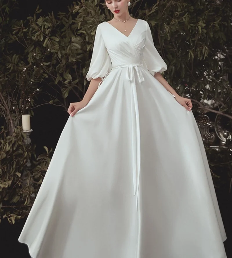 

Элегантное простое А-силуэта с V-образным вырезом, мягкое атласное винтажное свадебное платье до пола с рукавом до локтя, свадебное платье, с...