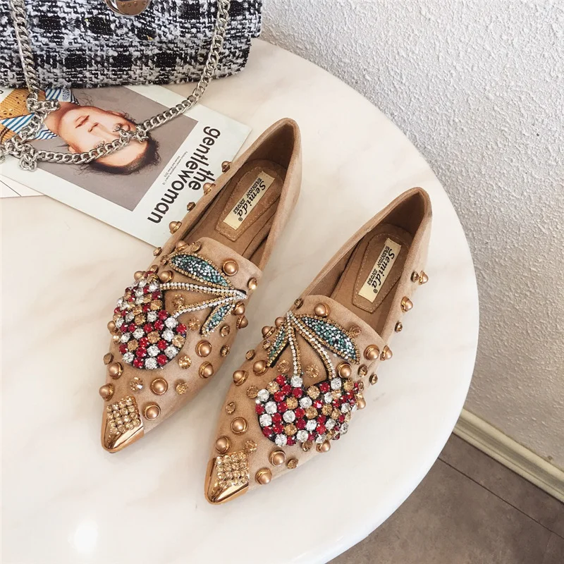 

Woman Flats Shoes Rhinestone Cherry Spring New Female Metal Pointed Toe Casaul Shoes Comfortable Flats Loafers Shoes Zapatillas