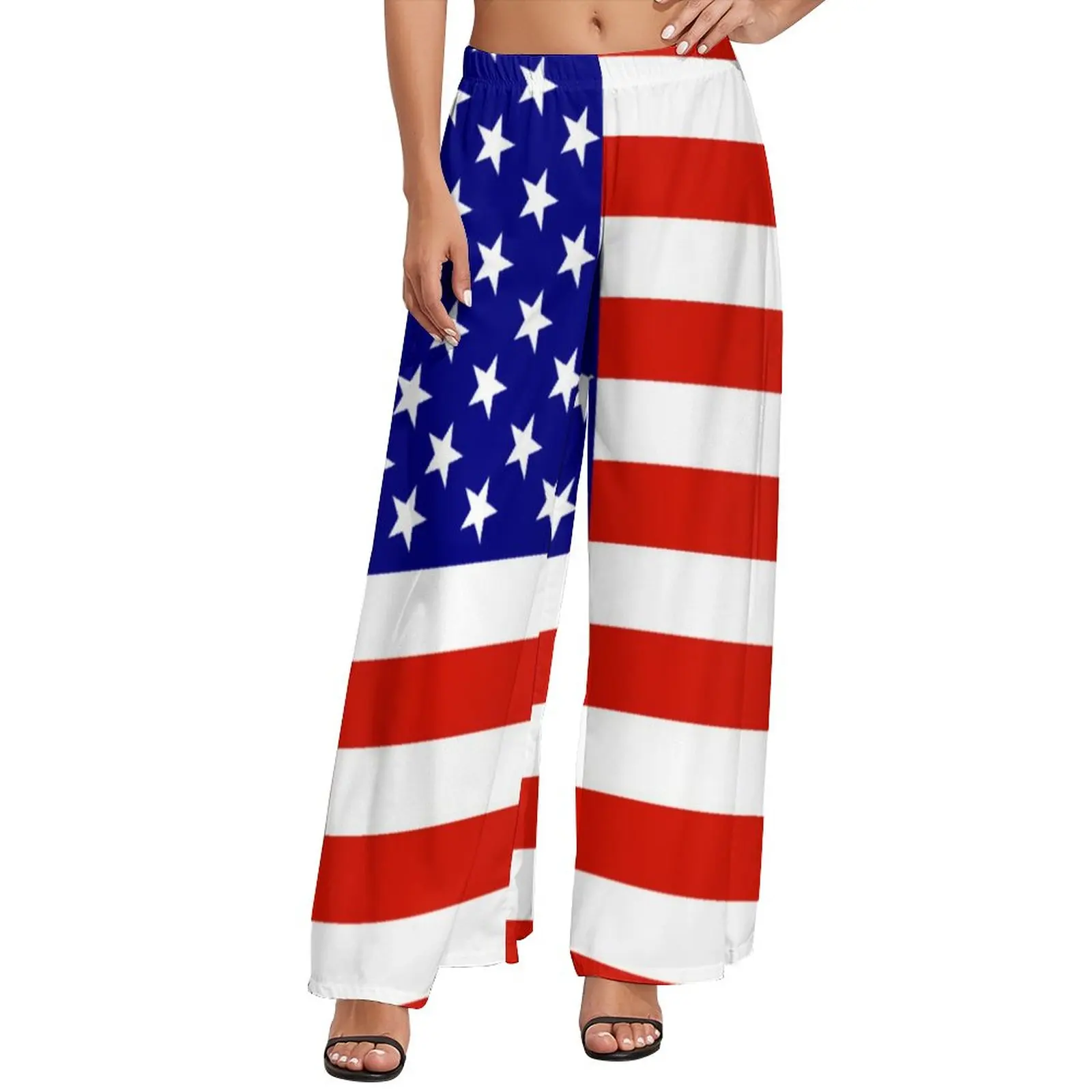 

Брюки женские с принтом флага США, офисные Широкие штаны в синюю полоску, уличная одежда, прямые брюки с рисунком, большие размеры