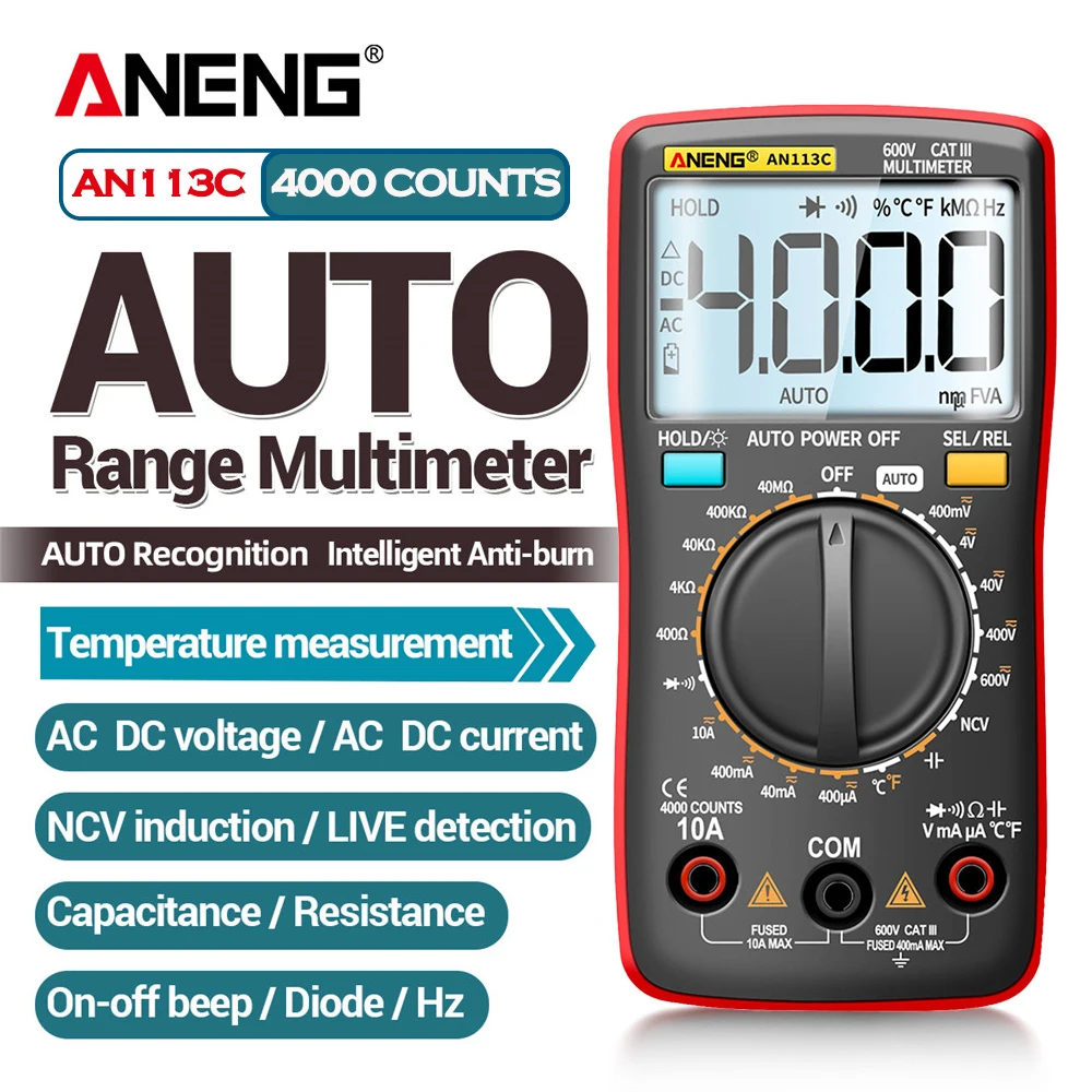 

ANENG AN113C/E Digital Professional Multimeter 4000 Counts EletricAuto AC/DC Votage tester Current Ohm Ammeter Detector Tool
