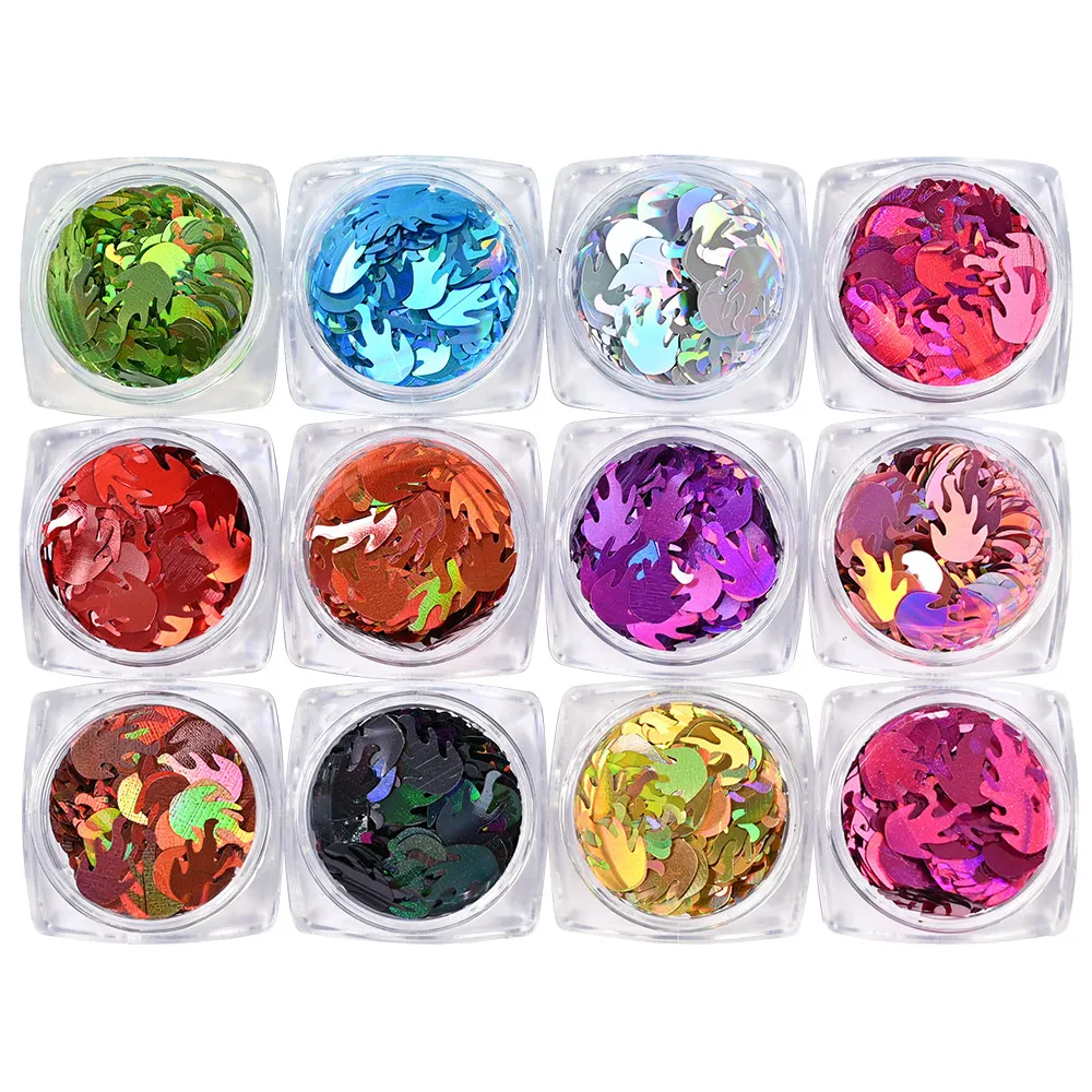 

12 Boxes Holographic Nail Glitter Flame Shape 3D Flakes Sparkly Colorful Fire Sequins Polish Manicure Tips Nails Art Decoration