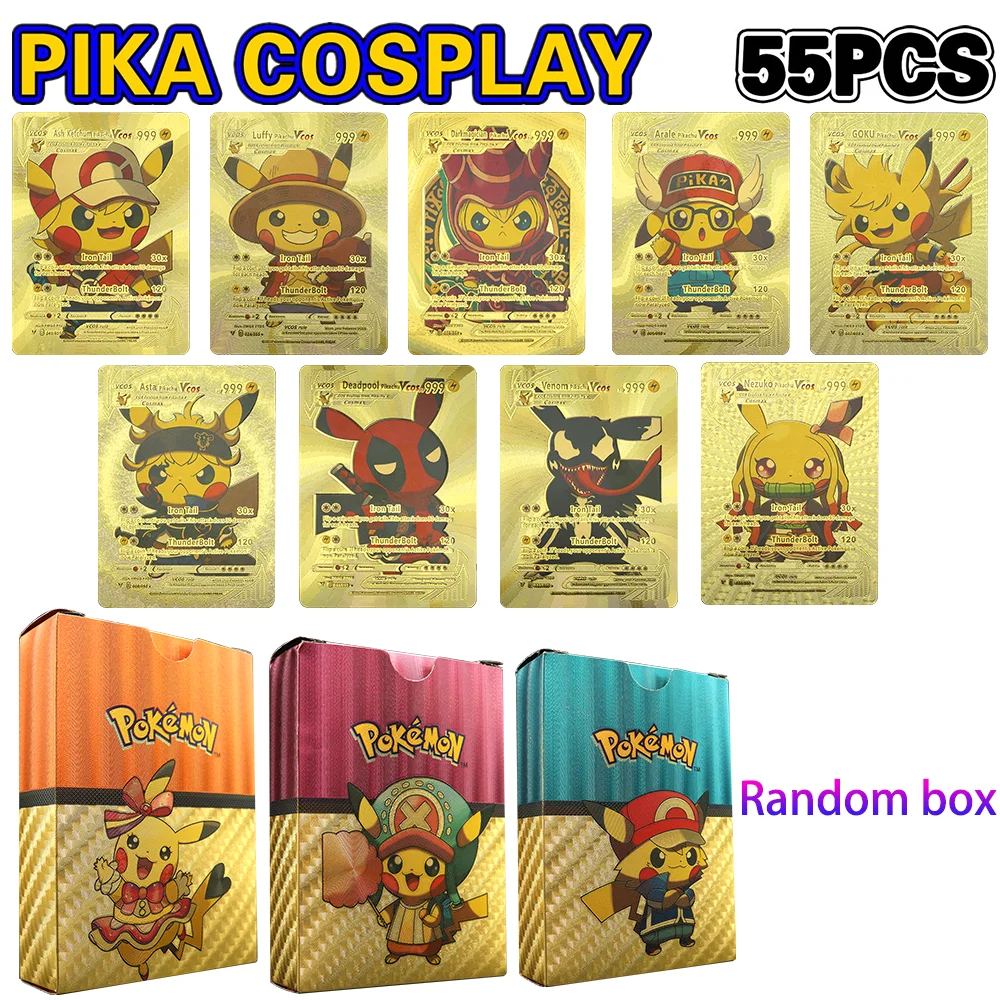 

DIY Golden Pokemon English Cards Pikachu Cosplay Luffy Tanjirou One Piece Goku Eva Frieza Anime Characters Plastic Card