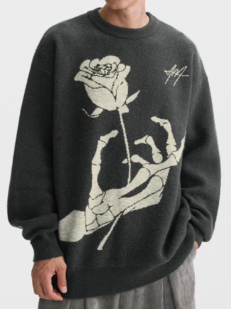 

Уличная одежда Y2K в стиле ретро хип-хоп для мужчин, Свободный пуловер с длинным рукавом и круглым вырезом, вязаный свитер