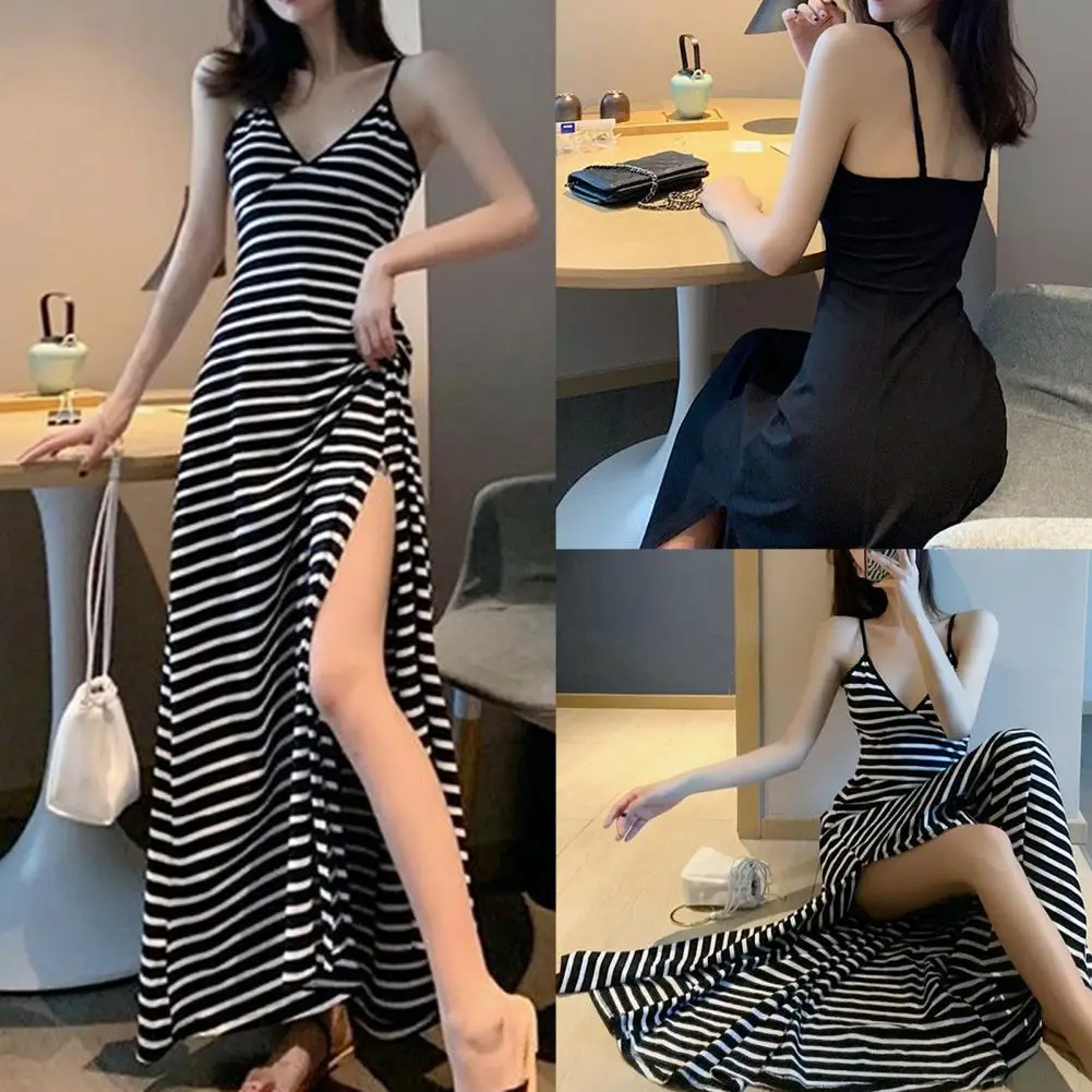 

Stylish Sling Dress Long Striped Summer Solid Color/Striped Spaghetti Straps Long Dress Long Dress Soft