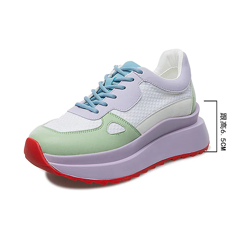 

New Spring and Autumn Breathable Leather Sports Women's Shoes Loose Cake Thick Sole Light Leisure Running Shoes Sneakers