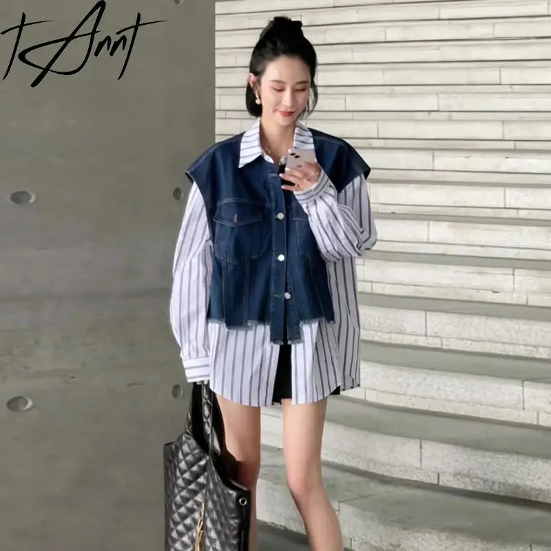 

Tannt Women Shirt Irregular Denim Patchwork Stripes Casual Shirts Blouses Asymmetry Long Sleeves Long Blouses Tops Women 2023
