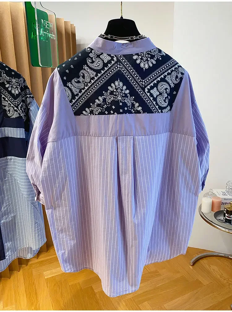 Женская рубашка в полоску с коротким рукавом Свободный Топ ретро стиле из хлопка