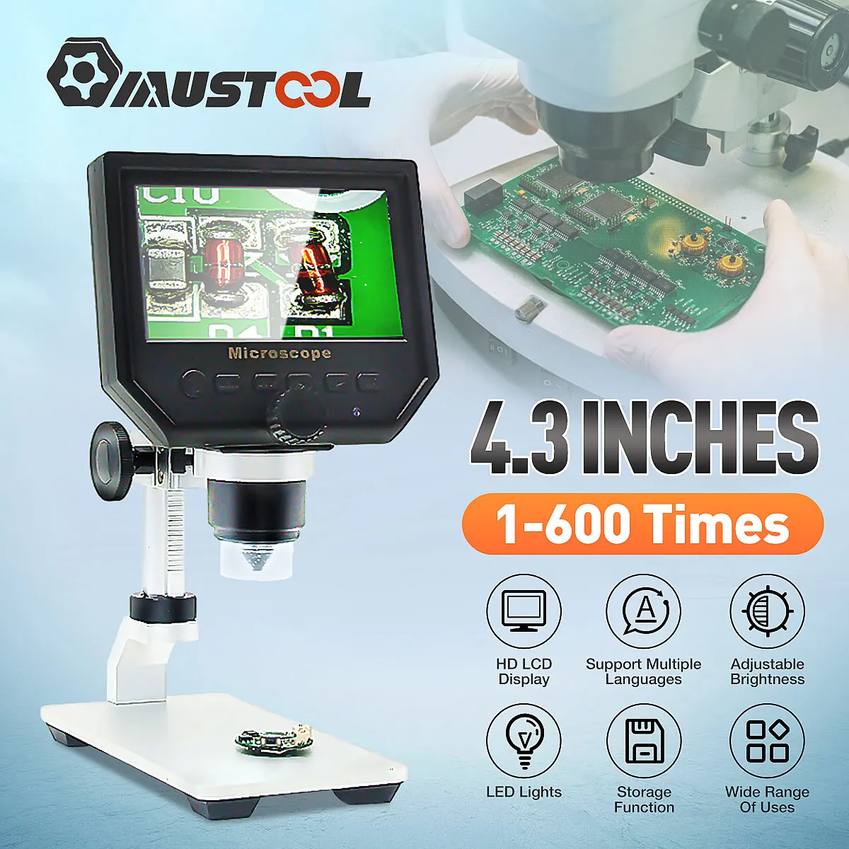 

MUSTOOL 600X 3.6MP Microscope Electronic Video Microscope 4.3 Inch LCD Display for Soldering Digital Microscope Soldering Tool