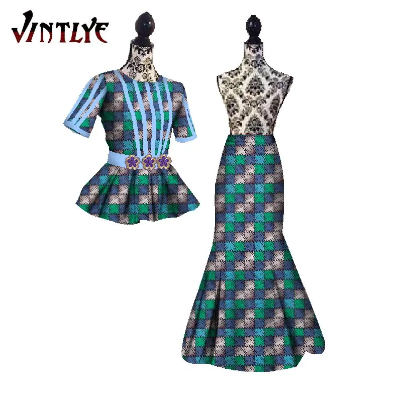 African Women Clothes 2 Piece Sets Short Sleeves Top Shirts and Skirts Match Lace Ankara Bazin Riche Dashiki Party Costume WY440