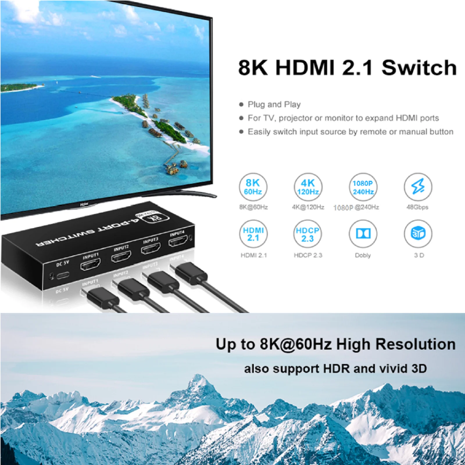 Фото Переключатель 4 в 1 HDMI 2,1, 8K @ 60 Гц, 4x1, переключатель 4 в 1, дистанционный переключатель 4 в 1, 4K @ 120 Гц HDR10 + для переключателя на ноутбук, ПК, PS5, XBOX, Apple TV №5