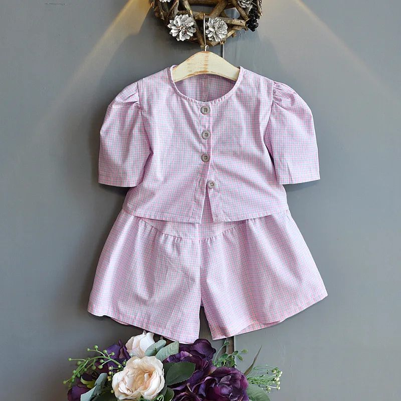 

Клетчатые шорты с коротким рукавом для девочек, комплект из двух предметов, модная одежда, детская одежда для девочек, детская эксклюзивная ...