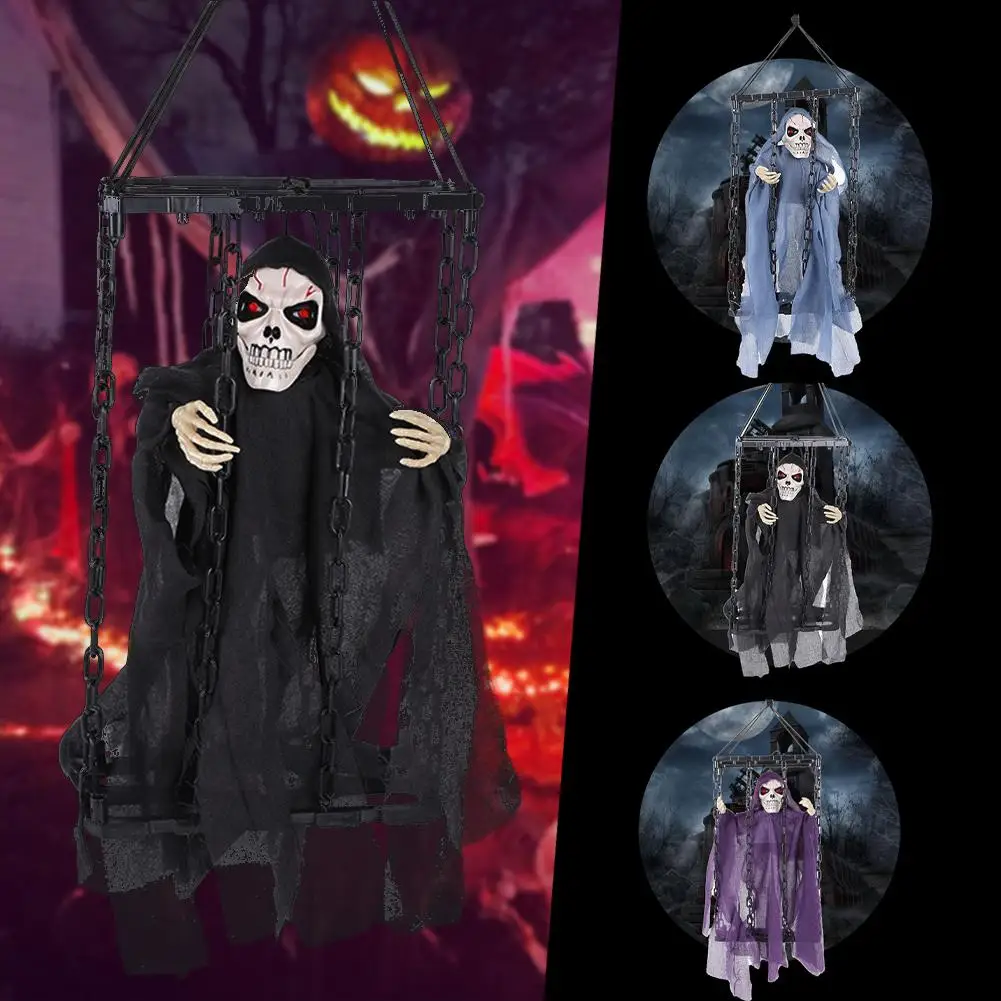 

Halloween Outdoor Decoration Ghosts Skeleton Animated Ornament Prisoner Halloween Lighted Hanging Cage Eyes Laughter Creepy Z8U0