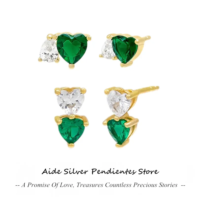 

AIDE 925 Sterling Silver Stud Earrings For Women Geometric Green Zircon Heart Cartilage Piercing Earring joyas plata de ley 925
