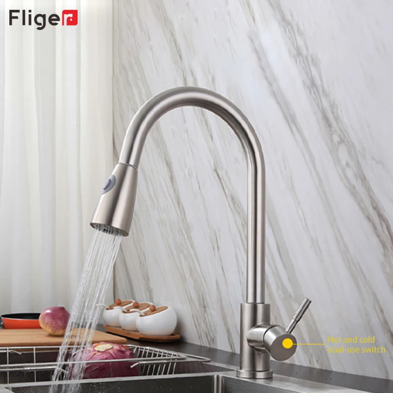 

Fliger Pull Out Spout Kitchen Faucets Hot Cold Water Stream Sprayer Head Stainless Steel Kitchen Sink Mixer Tap Torneira