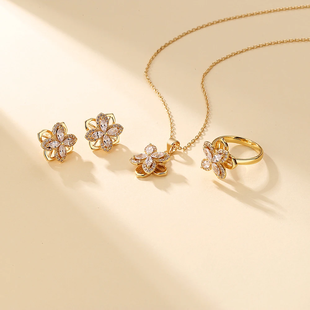 

3pcs Set Rotatable Flower Fidget Ring Anxiety Stress Relieve Creative Earrings Spinning Mood Four Crystal Leaf Clover Jewelry