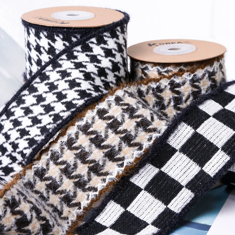 5CM Woollen Velvet Plaid Houndstooth Knitted Ribbon Black White 50Yards DIY Make Bow Handmade Material Hair Accessories Tape
