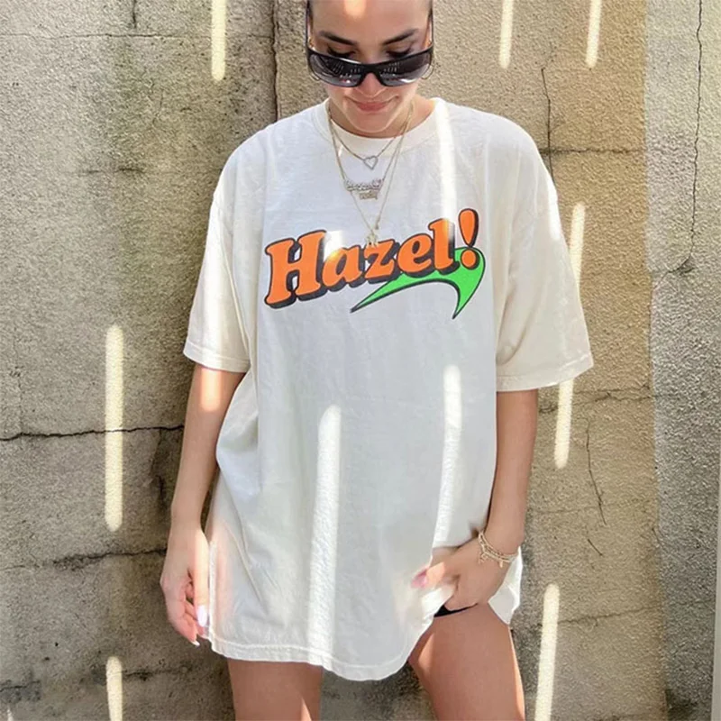 

American Vintage Style Hazel Letters Printing Women Casual T shirt Summer Short Sleeve Loose Cotton Street Fashion Y2K Tops Tees