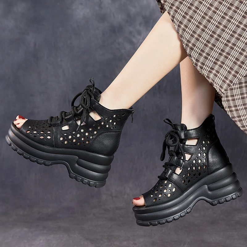 Breathable Summer Hollow Women Ladies Moccasins Zipper Soft Fashion Sandals Shoes Women's Genuine Leather Ankle Boots New 2023