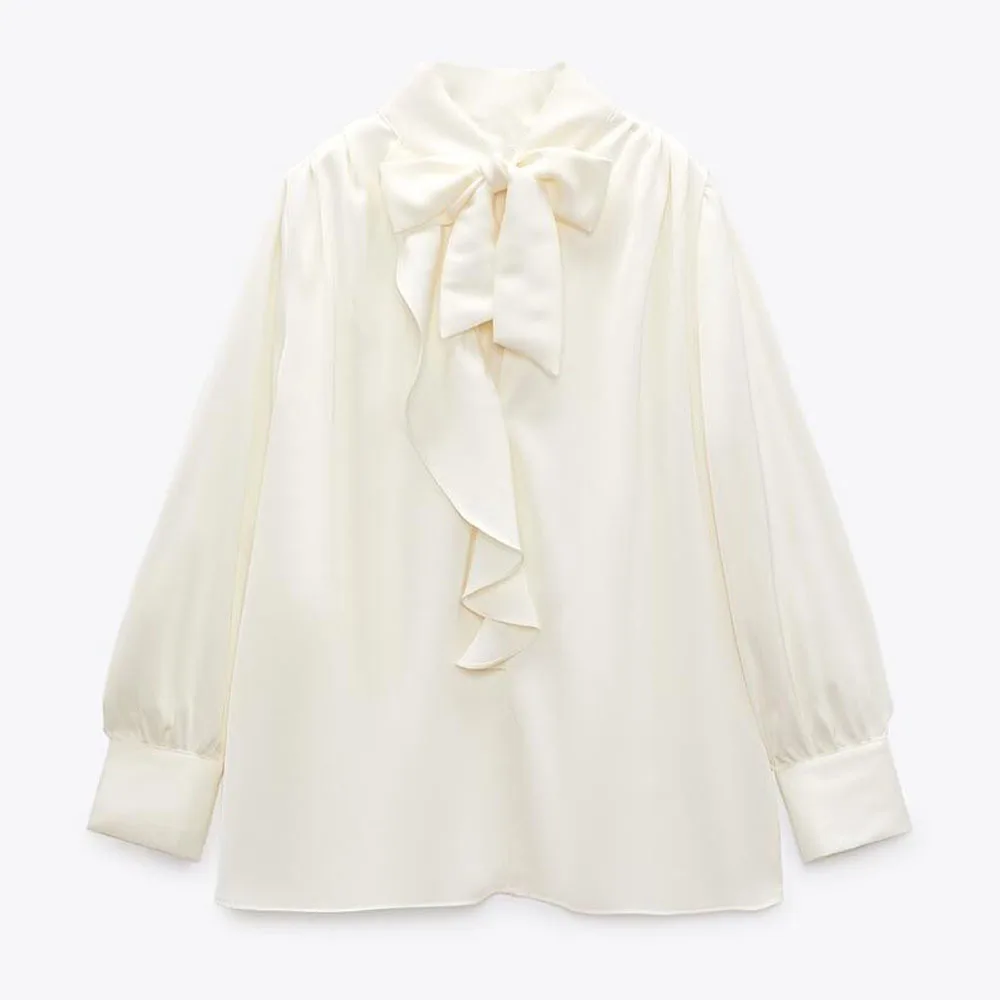 

PB & ZA2022 Spring/Summer New women's clothing fashion elegant commuting bowknot silk satin textured blouse shirt