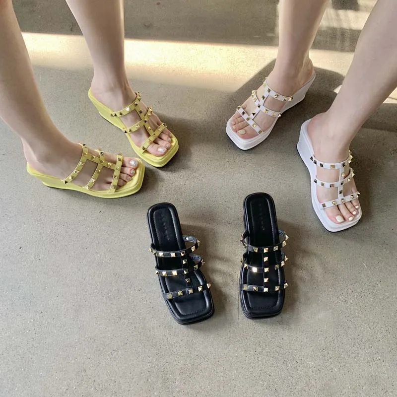 

Yellow Wedge Sandals Women Rivet Platform High Heels Casual Wedges Slippers T Blet Summer Shoes White Heels Sandalias Mujer