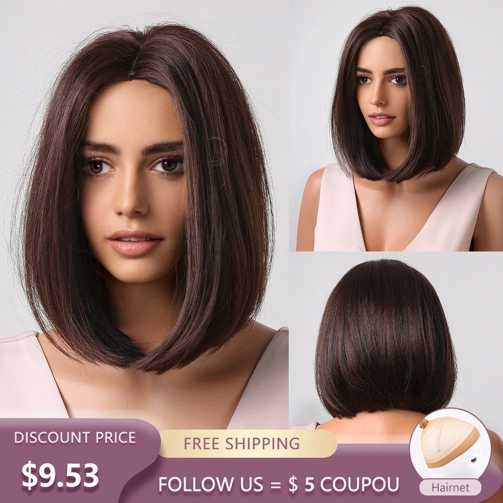 

Short Straight Bob Synthetic Wigs Dark Brown Wigs for Women Middle Part Lolita Cosplay Daily Natural Hair Heat Resistant Wigs