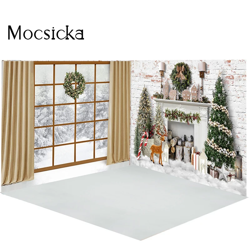 

Mocsicka Winter Snow Scene Fireplace Christmas Wreath Decoration Child Portrait Christmas Photo Background Photography Studio