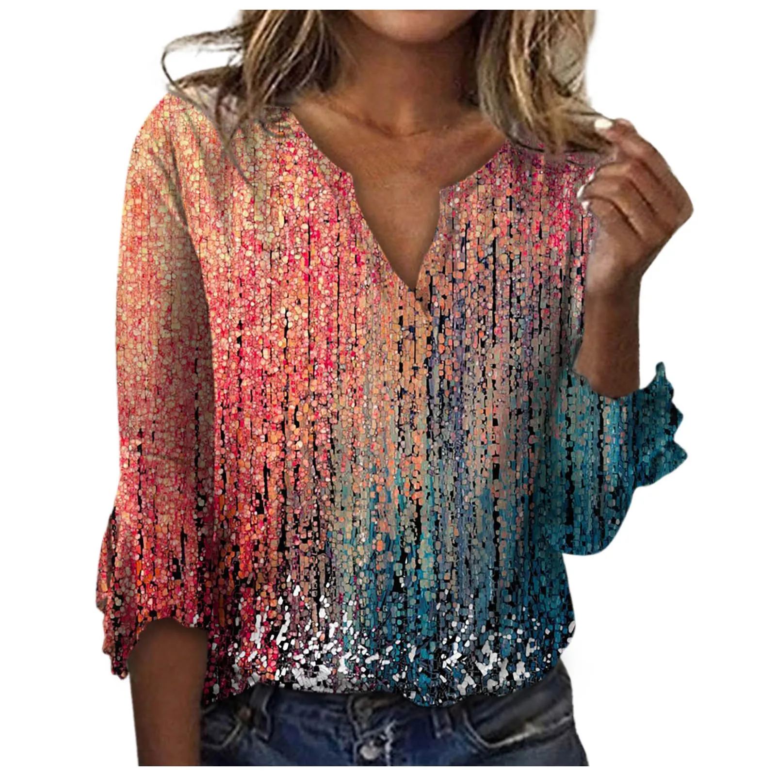 

Женская Свободная Повседневная футболка с рукавом три четверти и V-образным вырезом, женская модная Кружевная футболка с цветочным принтом, Женский Топ большого размера, футболка