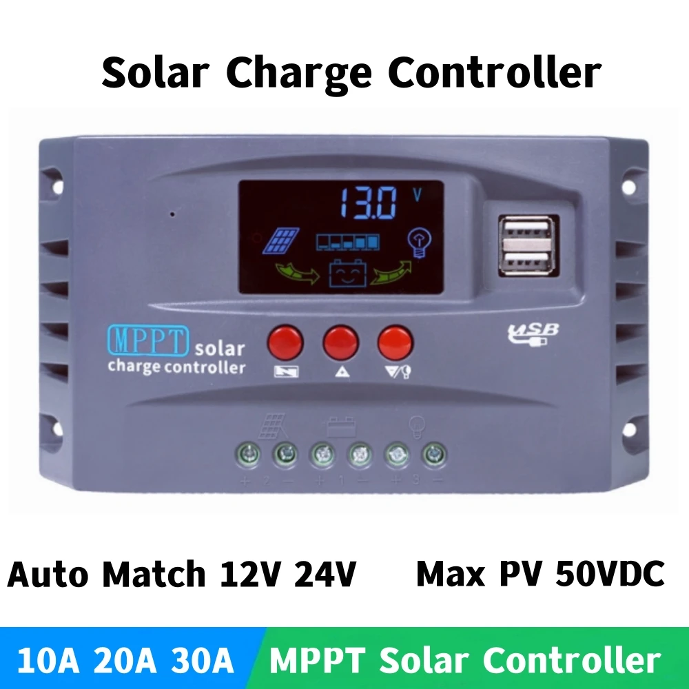 

12V 24V MPPT Solar Charge Controller 10A 20A 30A PWM Solar Controller Regulator Dual USB 5V 2A For 100W 200W 300W Solar Panel