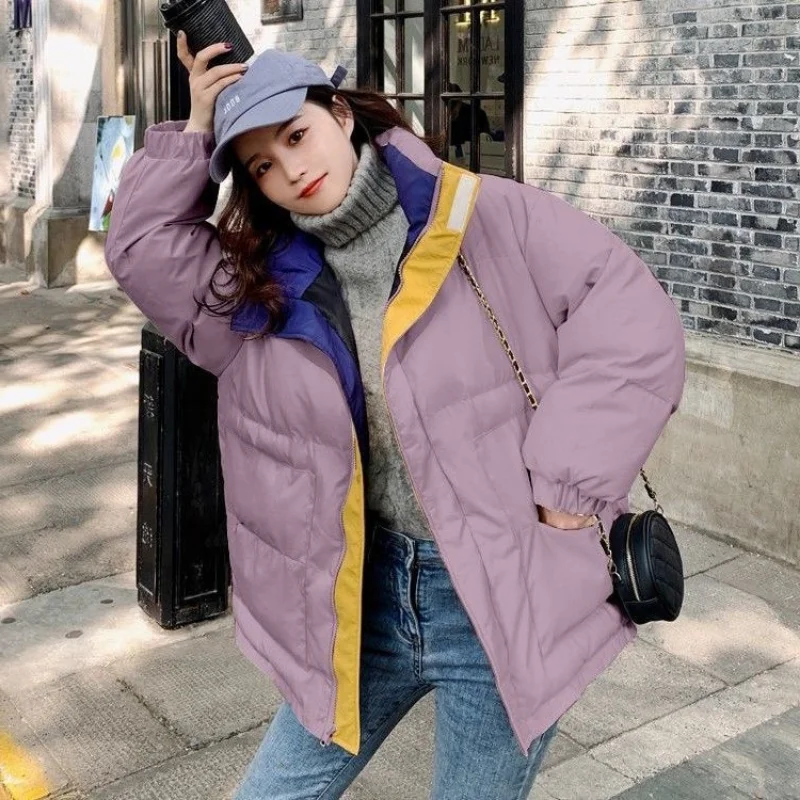 Fashionable Down Cotton Jacket Winter Cotton-padded Jacket Loose Patchwork Color Thick Warm Bread Suit Ladies' Cotton Coat Coat