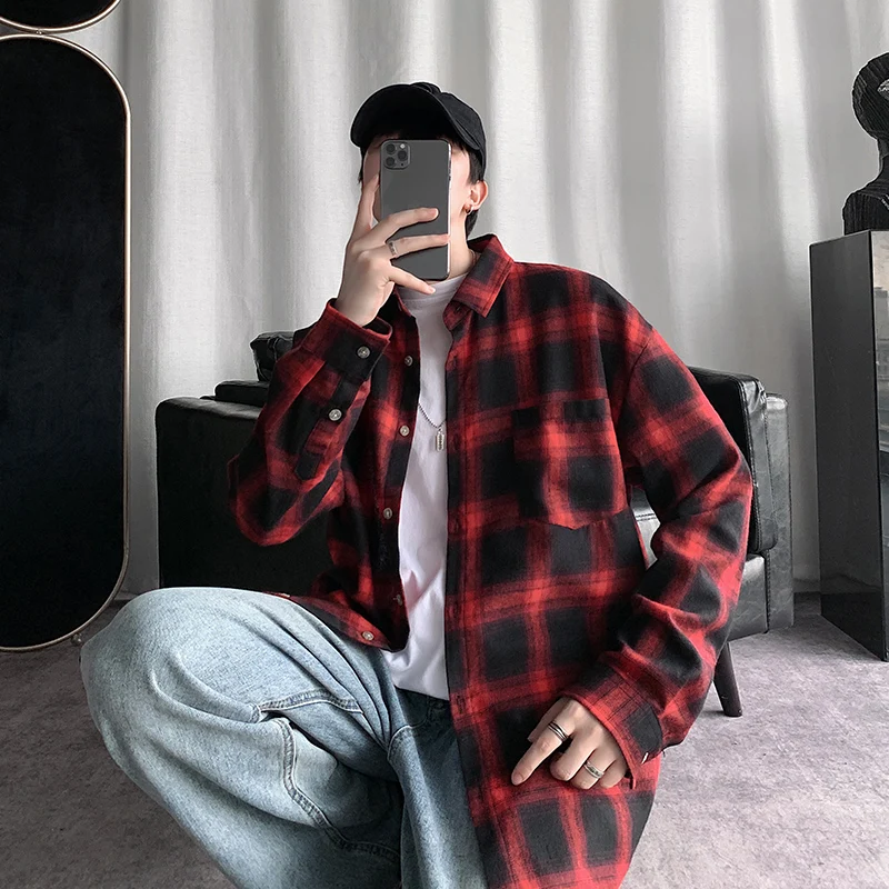 Spring New Harajuku Street Plaid Shirt Men's Hip-hop Men's And Women's Long-sleeved Plaid Shirt High-quality Cotton Shirt Top