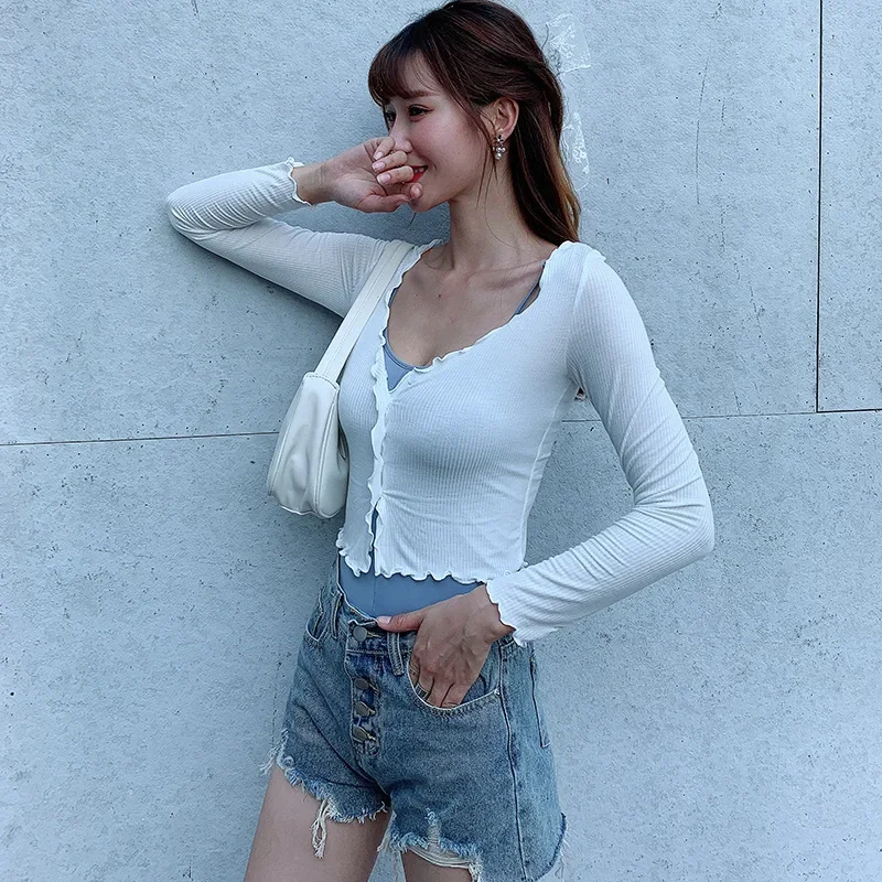 Летняя новая стильная Корейская версия тонкая вязаная куртка с деревянными