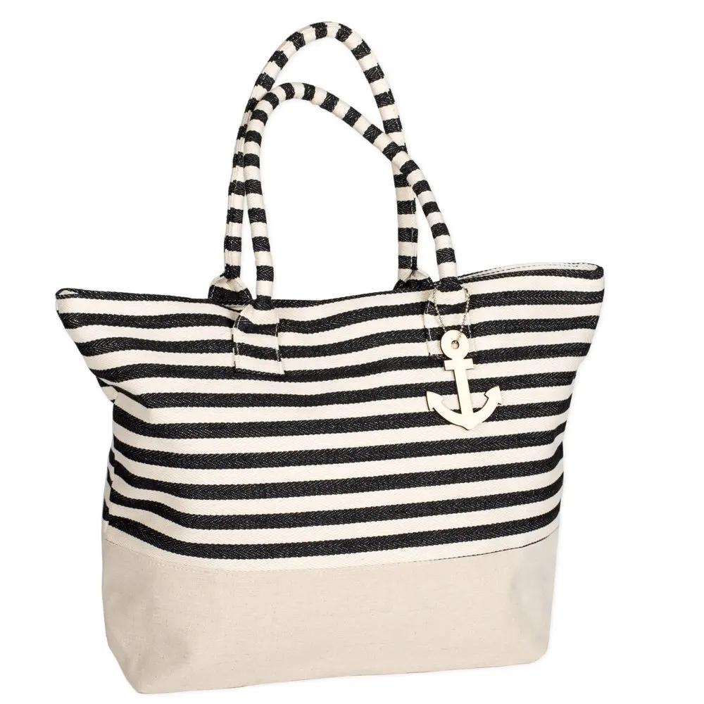 2023 NEW Black Striped Canvas 22 Inch Large Zipper Beach Bag with Anchor Charm