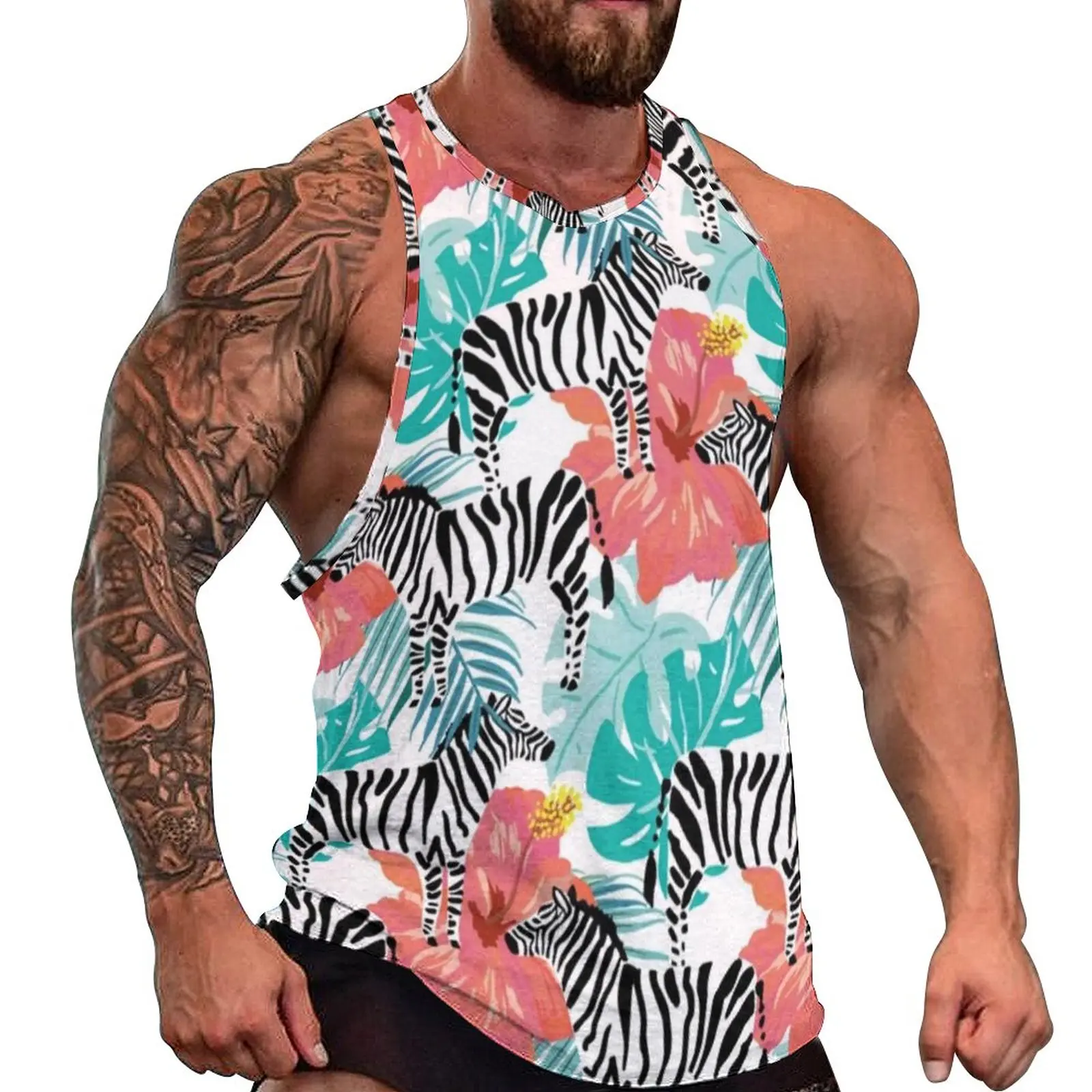 

Zebra Vintage Tank Top Man's Hibiscus Flowers and Palm Leaf Trendy Tops Beach Workout Custom Sleeveless Shirts Plus Size 4XL 5XL