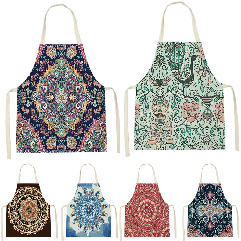 

Богемные этнические Кухонные фартуки для женщин, льняные нагрудники, домашняя уборка, домашние водонепроницаемые поварские фартуки для вы...