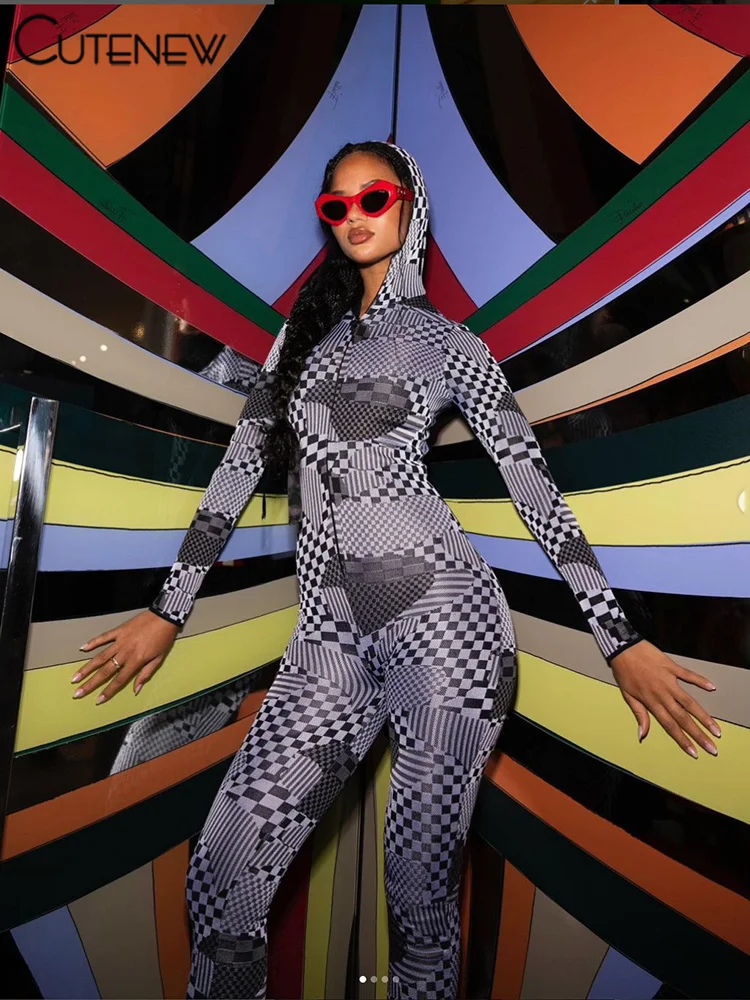 

Cutenew женский серый комбинезон-карандаш, соблазнительные толстовки с длинным рукавом, наряд на молнии, цельнокроеные брюки, женский комбинезон