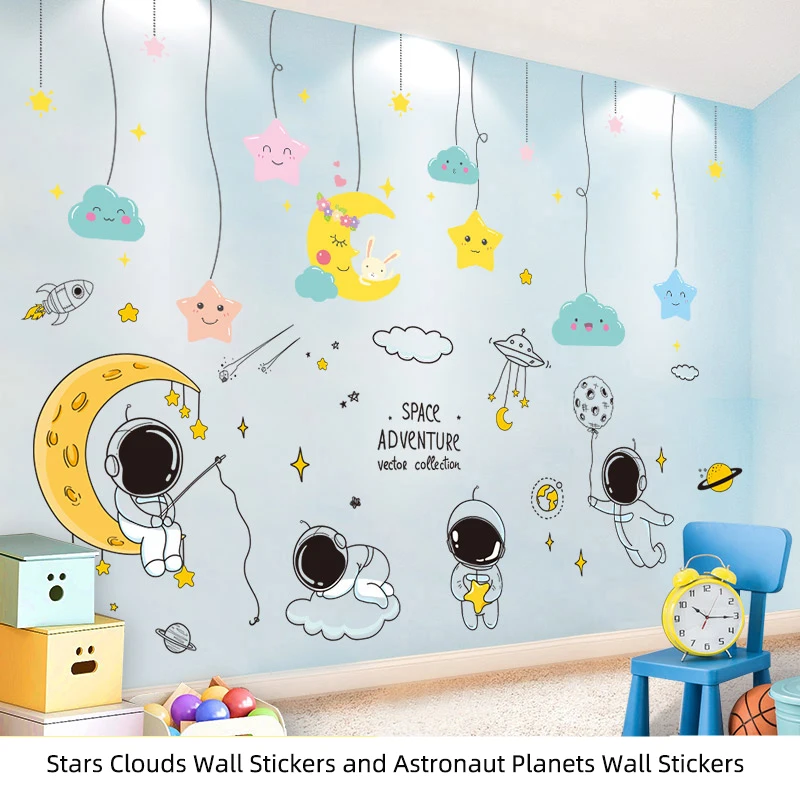 

[SHIJUEHEZI] Cartoon Astronaut Wall Stickers DIY Stars Clouds Mural Decals for House Kids Rooms Baby Bedroom Nursery Decoration