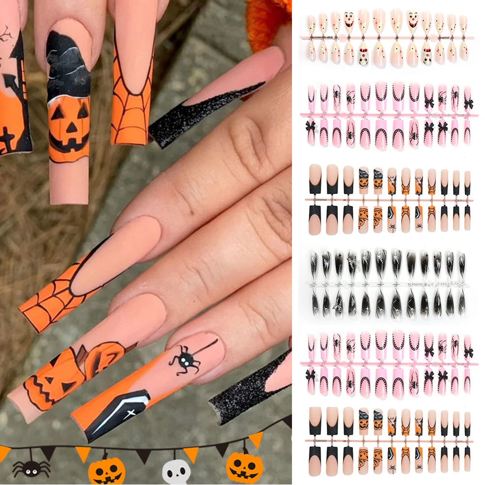 24 шт. накладные ногти на Хэллоуин с клеем длинное полное покрытие наращивание