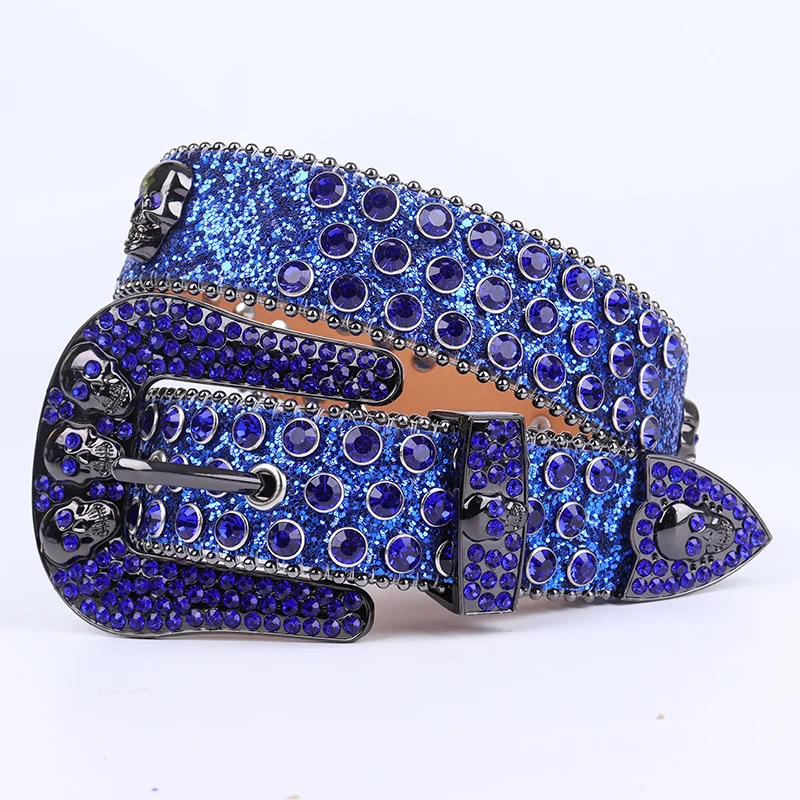 

Shiny Blue Skull Head Diamond Belts Western Men Cowboy Rhinestone Studded Belt Jeans Leather Waist Belt Cinturones Para Hombre
