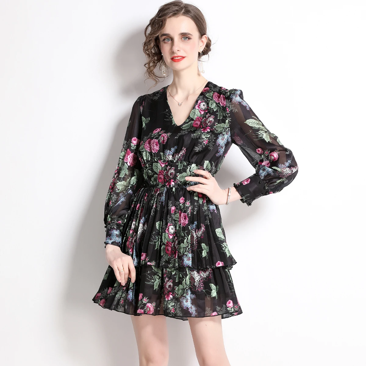 

SuperAen 2022 New Vintage Printing V-neck Nail Bead Full Slim A Line Pleated Dress for Women