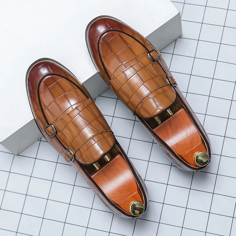 

Monk Shoes Men PU Stone Pattern Buckle Decoration Solid Color Low Heel Fashion Breathable Business Formal Loafers Shoes