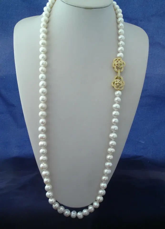 

Hand knotted natural 8-9mm white freshwater pearl necklace sweater chain long 35" fashion jewelry