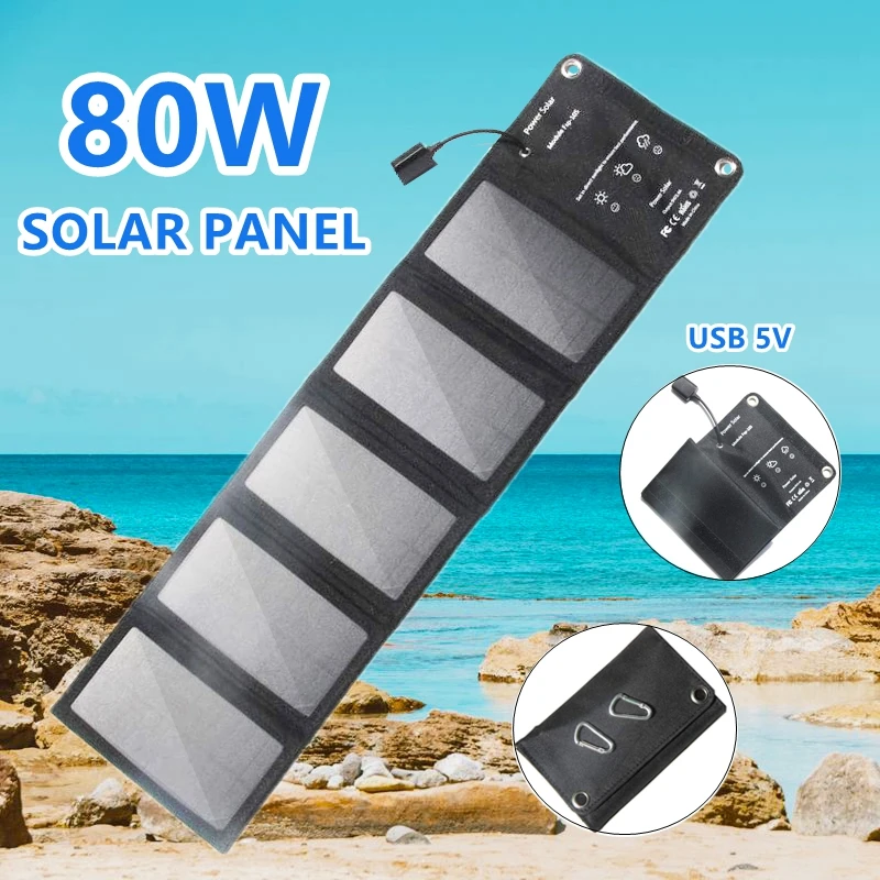 80W Folding Solar Panel USB 5V Solar Charger Waterproof Solar Panel Cells for Outdoor Camping Hiking Portable Mobile Phone Power