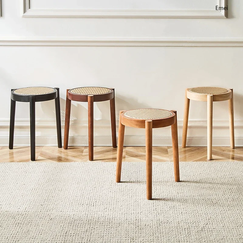 Скандинавский простой креативный круглый табурет из цельного дерева ротанга