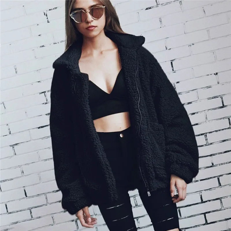 2021 Women Fashion Casual Faux Fur Coat Ladies Winter Thick Warm Soft Wool Teddy Coat Female Pocket Zipper Jackets