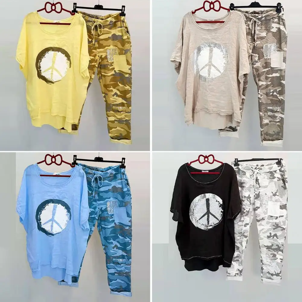 

1 Set Casual T-shirt Pants Camo Print Drawstring Temperament Relaxed Fit Asymmetrical Outfit