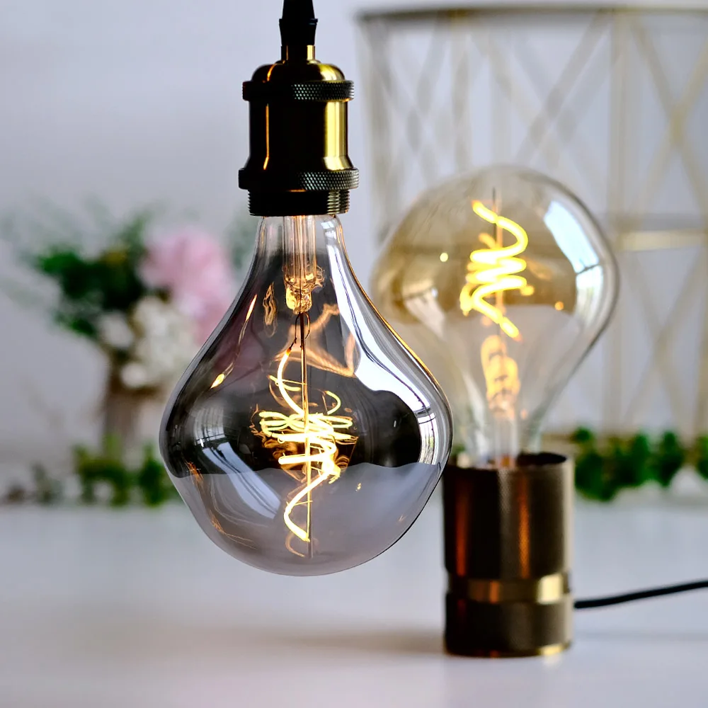 Фото Светодиодная лампа TIANFAN G125 Alien Edison, 4 Вт (25 Вт Eq), теплый свет 2000 К, с регулируемой яркостью, 110 В/220 В, янтарный/дымчатый, дизайн из спиральной нити в стиле ретро №1
