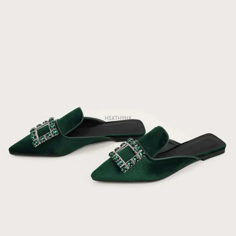 

Summer Sheepskin Kitten Heels Mules Pointed Toe Red Crystal Buckle Crepe Women Pumps Mid Stiletto Heel Wedding Shoes Mujer