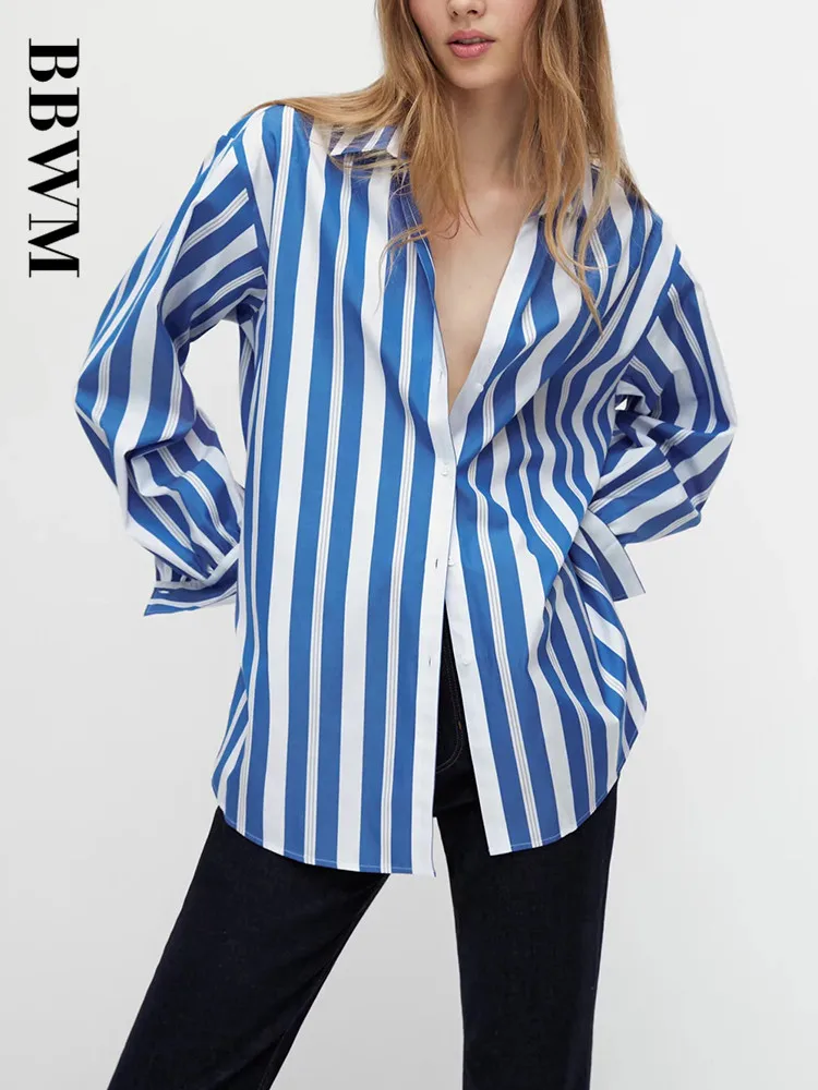 Женская свободная однобортная рубашка в полоску с длинным рукавом летние